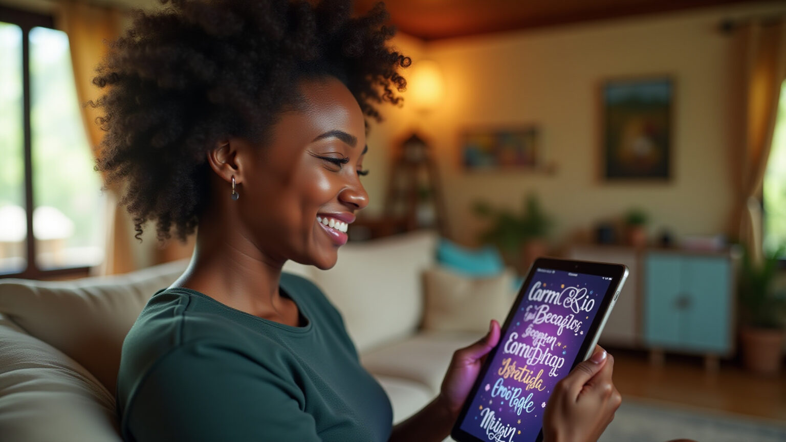 Quais as Fontes de Letras Mais Bonitas? O Guia Definitivo para 2026 Mulher brasileira usando tablet com fontes estilosas para redes sociais em casa vibrante.