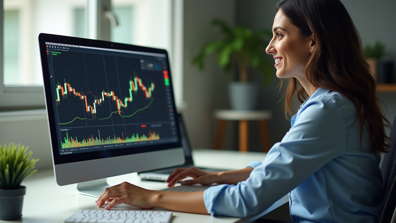 O Que é um Pip no Forex e Como Calculá-lo? Mulher brasileira confiante analisando gráficos de Forex e calculando pips em um laptop, em um home office moderno.
