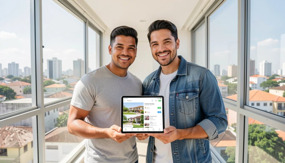 Casal feliz em apartamento moderno no Tatuapé, São Paulo, usando tablet para busca de imóveis.