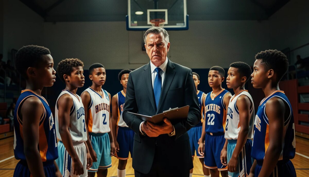 Como o cinema de superação esportiva e social se transformou com grandes clássicos modernos Treinador de basquete em traje social falando com jovens jogadores no ginásio
