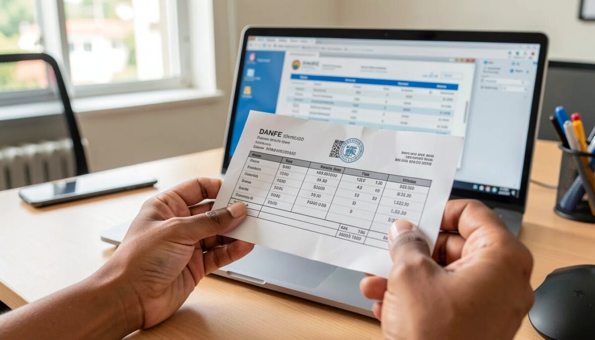 2 via Danfe: Onde emitir e para que serve Mãos segurando documento DANFE impresso com notebook ao fundo