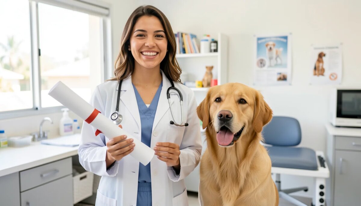 Jovem veterinária com jaleco e diploma ao lado de cachorro dourado sorrindo