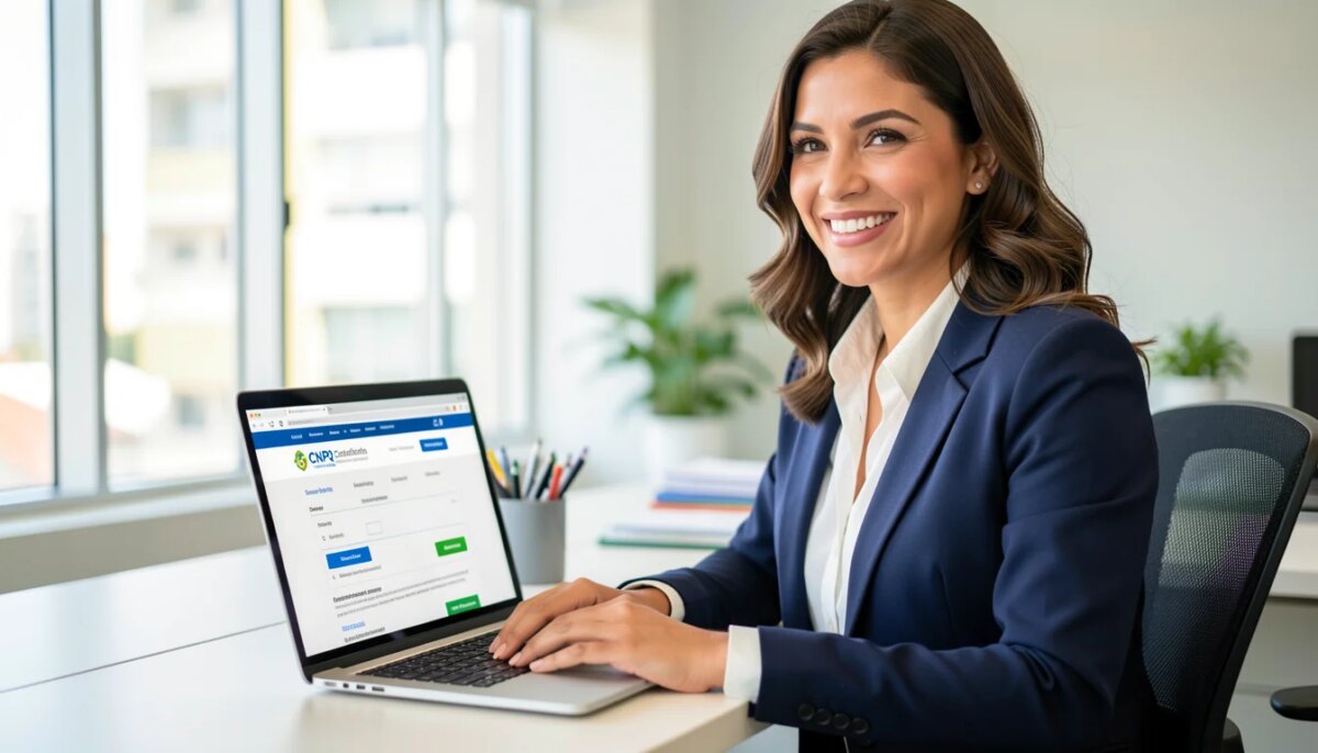 Ferramentas online para consultar dados cadastrais de empresas: veja as melhores opções Mulher profissional consultando dados de empresa no laptop em escritório moderno