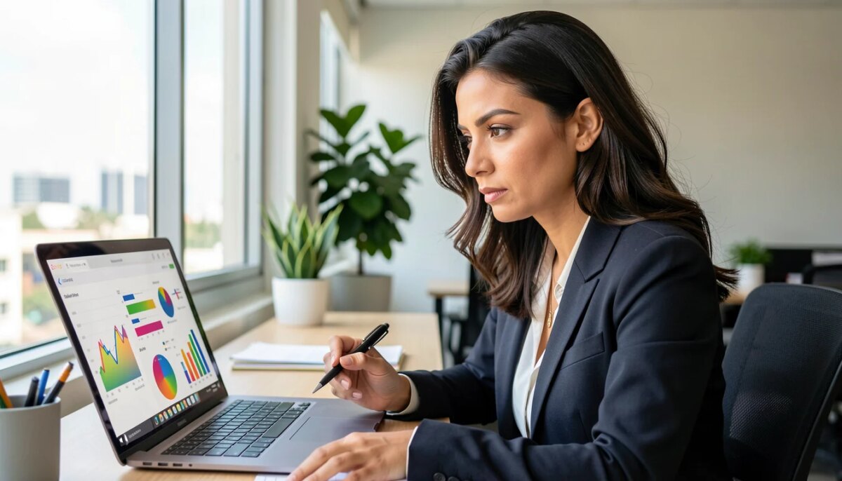 Profissional analisando dados financeiros em laptop no escritório