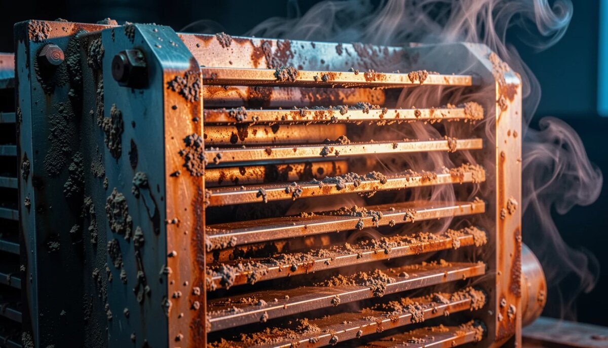 Trocador de calor industrial com placas metálicas corroídas e incrustações