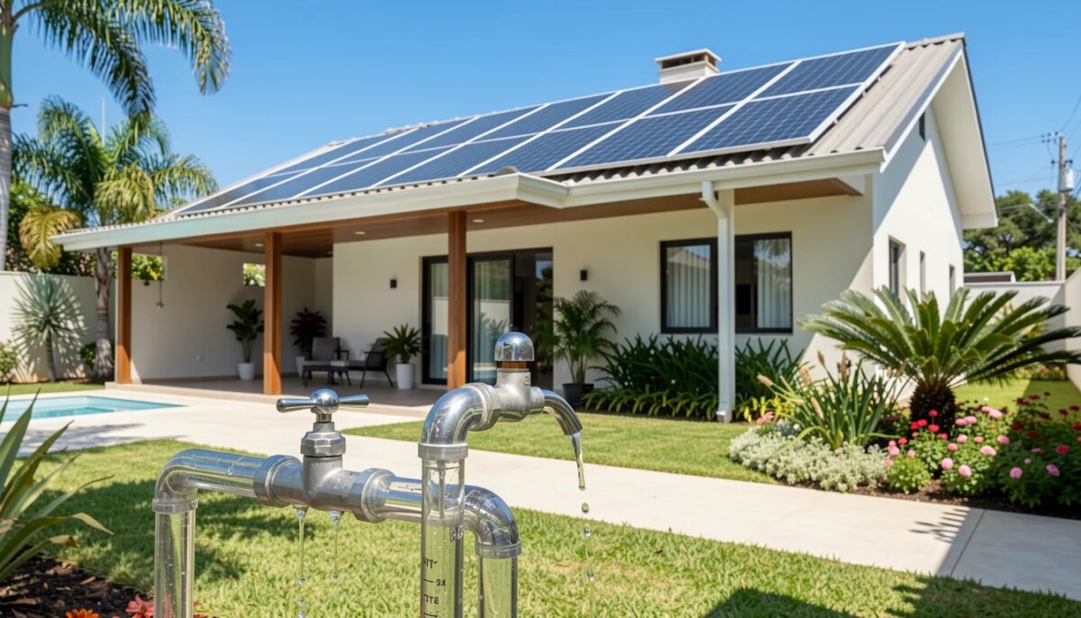 Infraestrutura eficiente: energia limpa e redes hidráulicas bem planejadas Casa moderna com painéis solares no telhado e sistema hidráulico eficiente