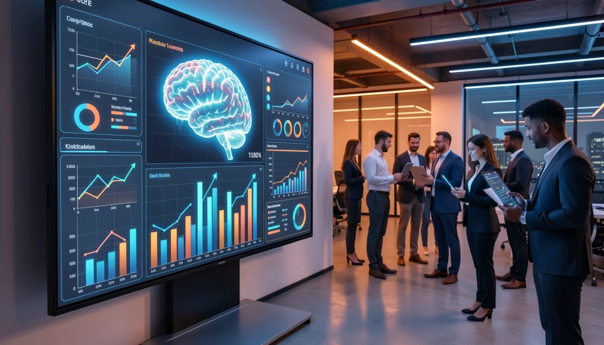 As ferramentas de inteligência artificial que mais cresceram em 2026, segundo análise do SWEN.AI Painel digital com gráficos de crescimento e hologramas de IA em escritório moderno