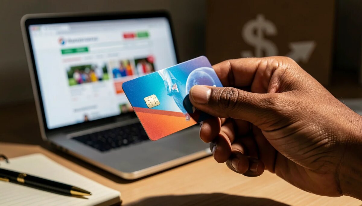 Dólar e cartão de crédito: entenda o impacto na sua fatura Mão segurando cartão de crédito com laptop ao fundo, transmitindo preocupação financeira.