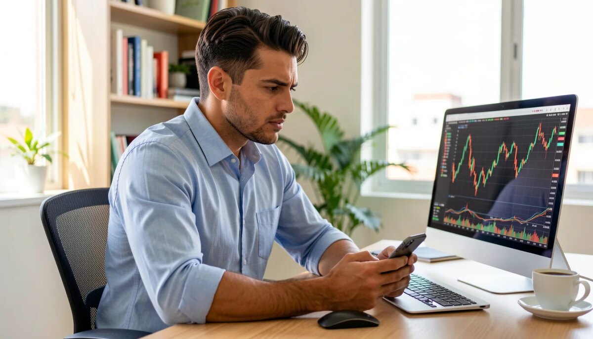 Homem brasileiro confiante usando aplicativo de trading forex no celular em escritório moderno.