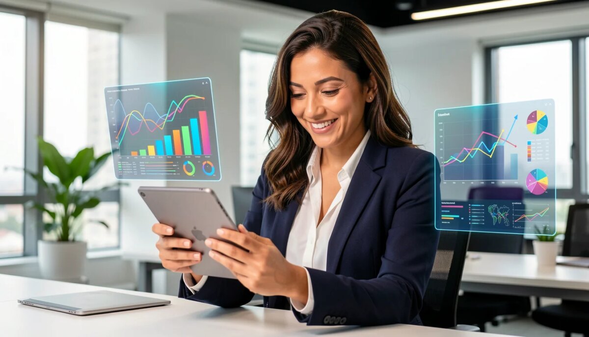 Aethos ERP: a tecnologia que moderniza a gestão de pequenas empresas Empresária brasileira sorridente usando tablet com gráficos em escritório moderno