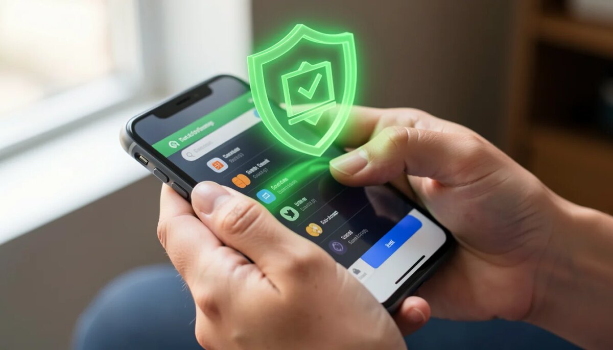 Compre com Segurança: Como Proteger Suas Transações Digitais Mulher usando smartphone para pagamento seguro com escudo verde de proteção.