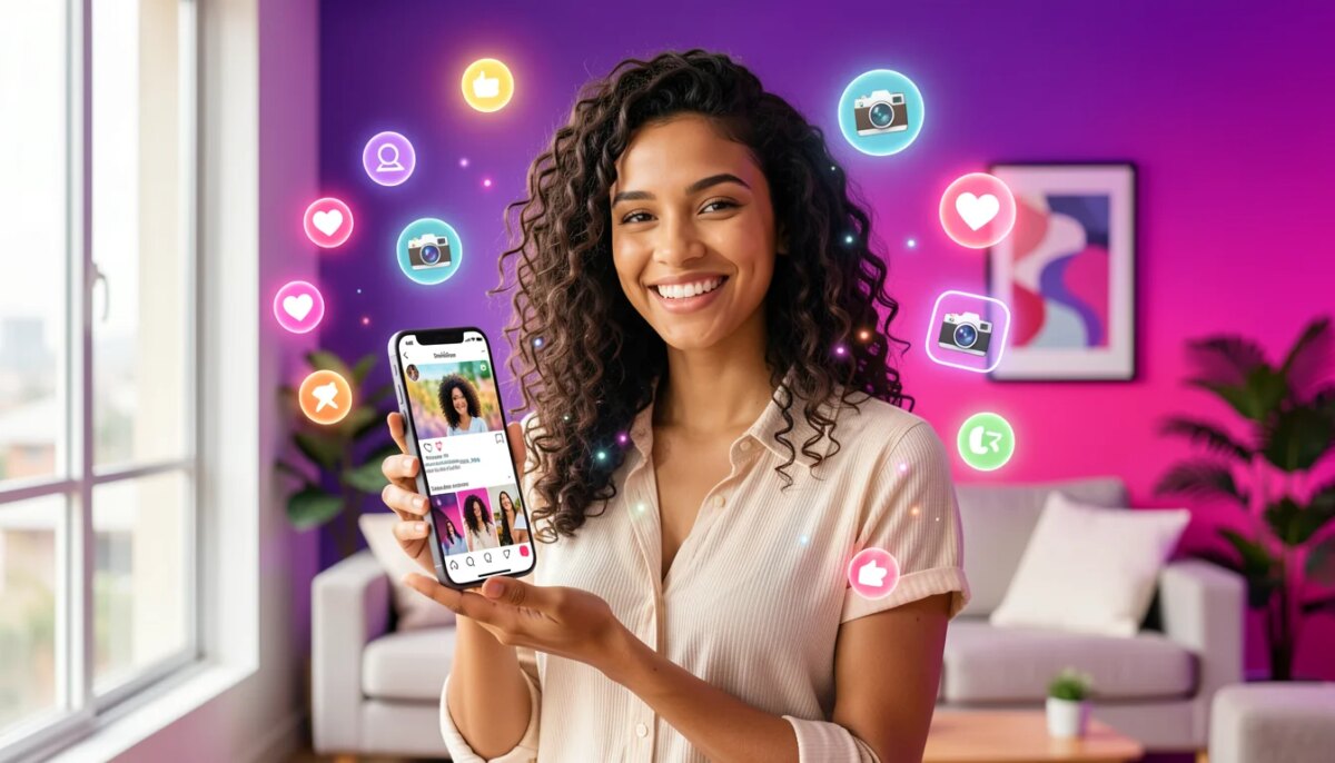 Personalize WhatsApp e redes sociais com 5 ferramentas gratuitas Mulher sorridente segurando celular com perfil colorido nas redes sociais