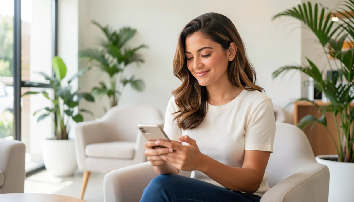 Mulher sorridente em clínica estética moderna segurando celular