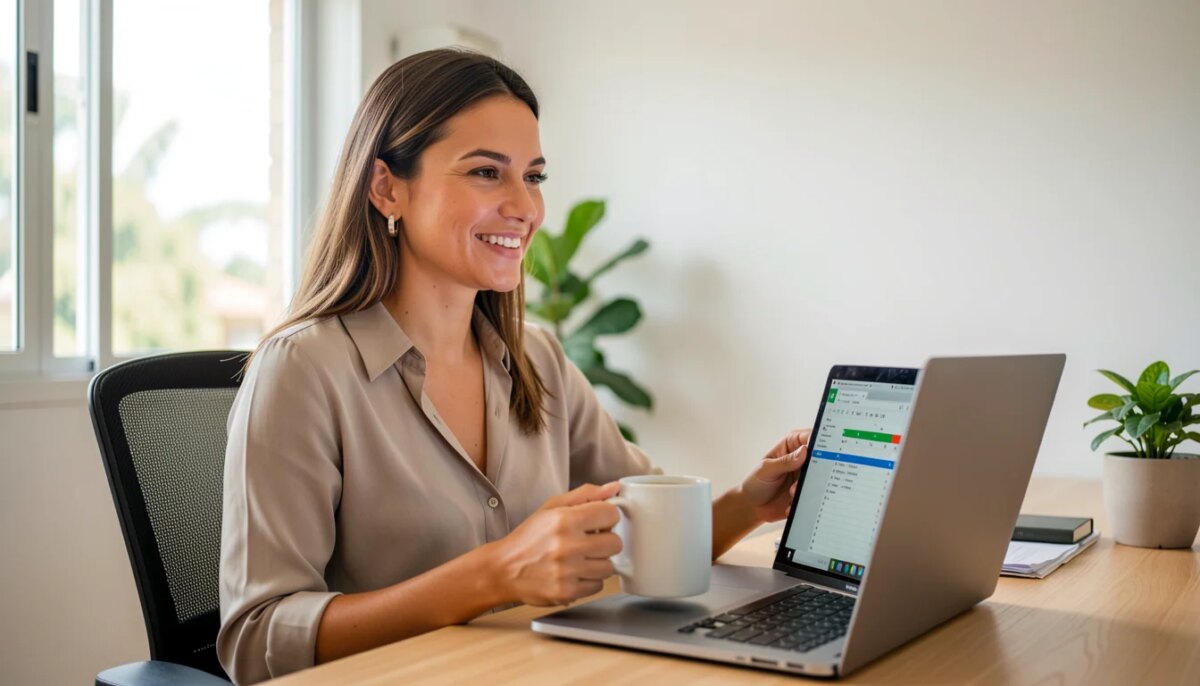 6 Cursos Básicos de Excel Gratuito para Fazer em Casa Mulher sorridente estudando Excel em laptop em casa
