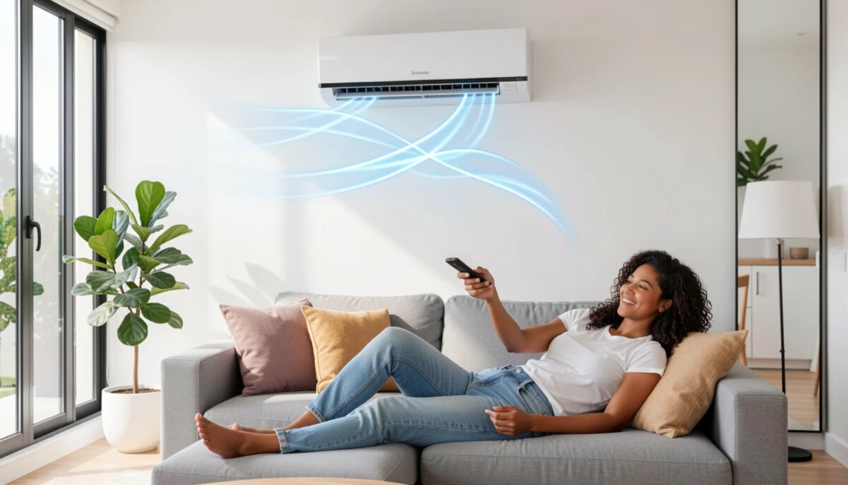 Frigelar dá dicas de como escolher o melhor ar-condicionado: confira o que avaliar antes da compra Mulher confortável em sala climatizada com ar-condicionado moderno na parede.