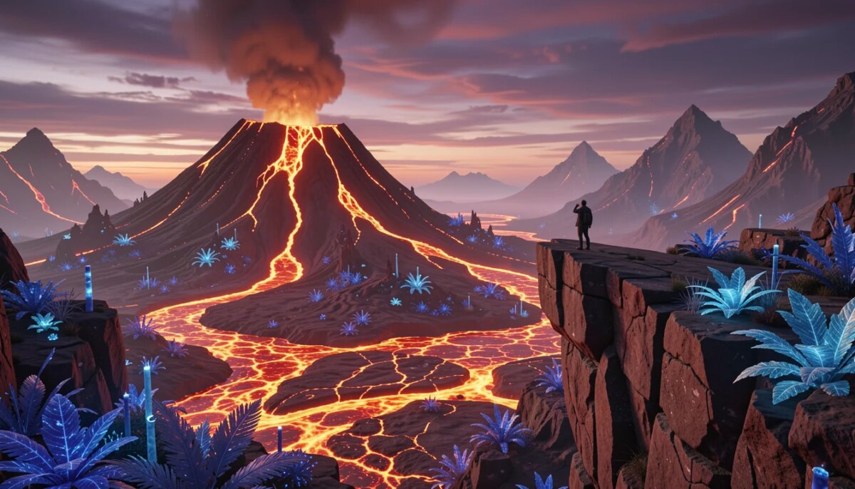 5 Filmes Visualmente Deslumbrantes para Ver na Tela Cheia (e Testar sua TV 4K) Cena de filme de ficção científica com vulcão e bioluminescência em planeta alienígena.