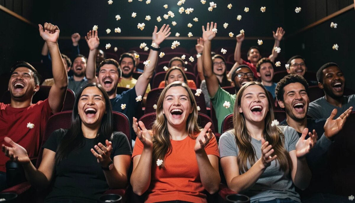 Amigos se divertindo no cinema assistindo a um filme