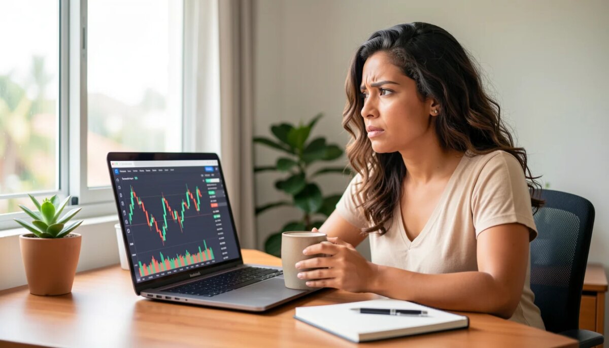 Trading de Ações e Opções em Conta Demo: O Que Você Deve Saber Primeiro Mulher brasileira concentrada em trading de ações em conta demo no laptop em casa