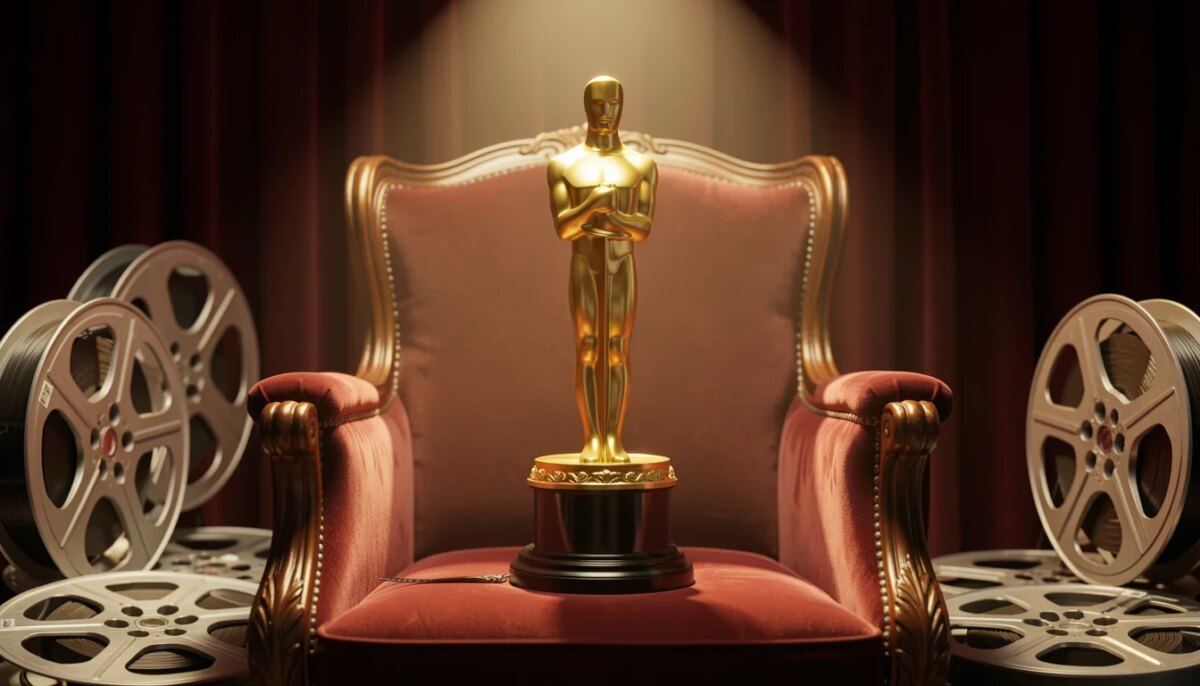 Oscar 2026: os filmes independentes que mereciam a estatueta Estatueta dourada em assento de cinema com rolos de filme, iluminação dramática
