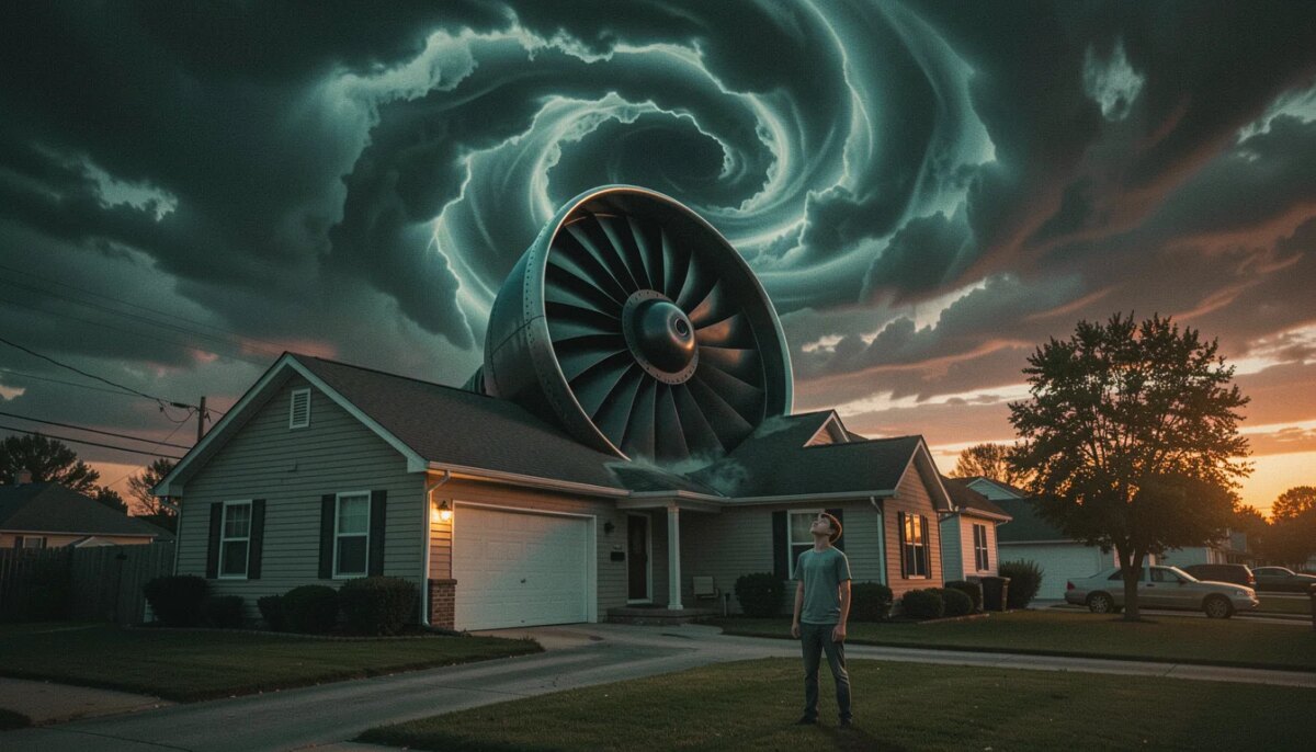 Donnie Darko e a Teoria da Fenda Temporal: entenda o final e o sacrifício de Donnie Turbina de avião cai no telhado de casa ao anoitecer, céu com portal espiral