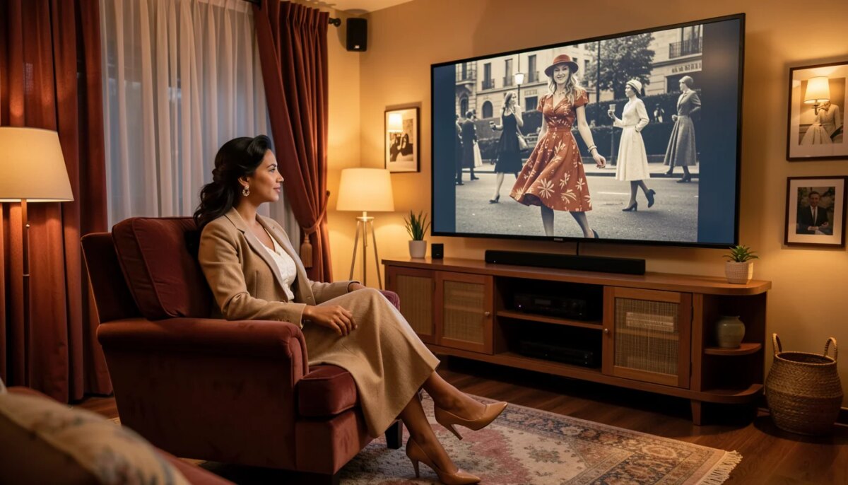 Mulher elegante assistindo filme de moda em casa para aprender estilo