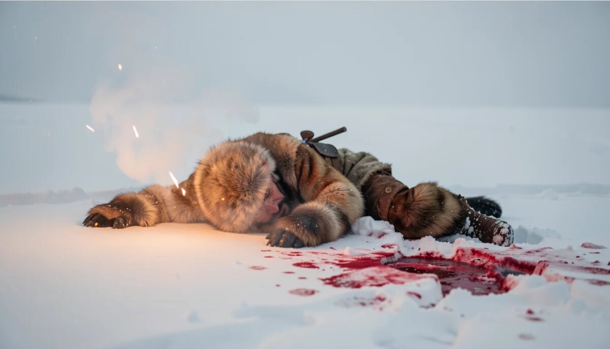 Caçador solitário na neve ao entardecer, com fogueira e sangue, cena melancólica de O Regresso