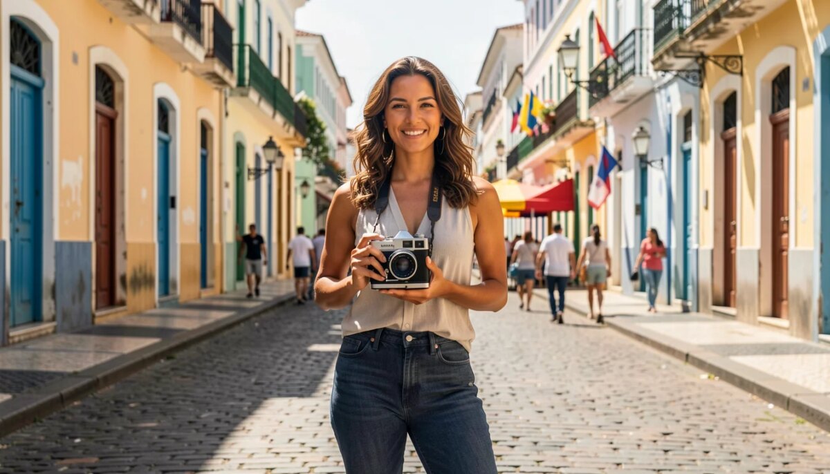 Vozes do Norte e Nordeste: a nova onda do cinema brasileiro explicada Diretora de cinema nordestina segurando câmera em rua ensolarada do Recife