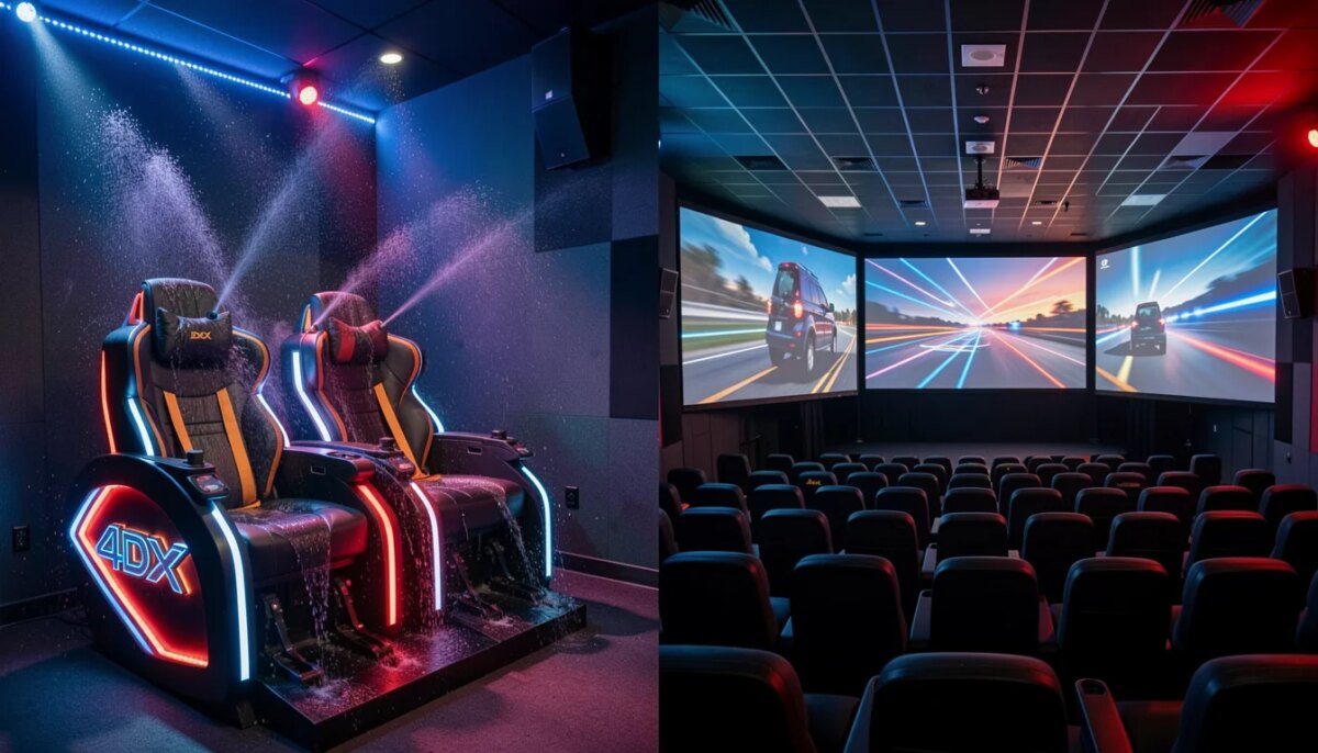 4DX e ScreenX: o que são, quanto custa e quando vale pagar mais Sala de cinema 4DX e ScreenX: poltronas móveis e telas laterais