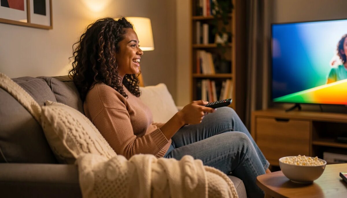 As 5 Melhores Séries de 2026 para Maratonar Hoje: Ranking, Onde Assistir e Qual Começar Primeiro Mulher assistindo séries de 2026 na TV, sorrindo no sofá com controle remoto