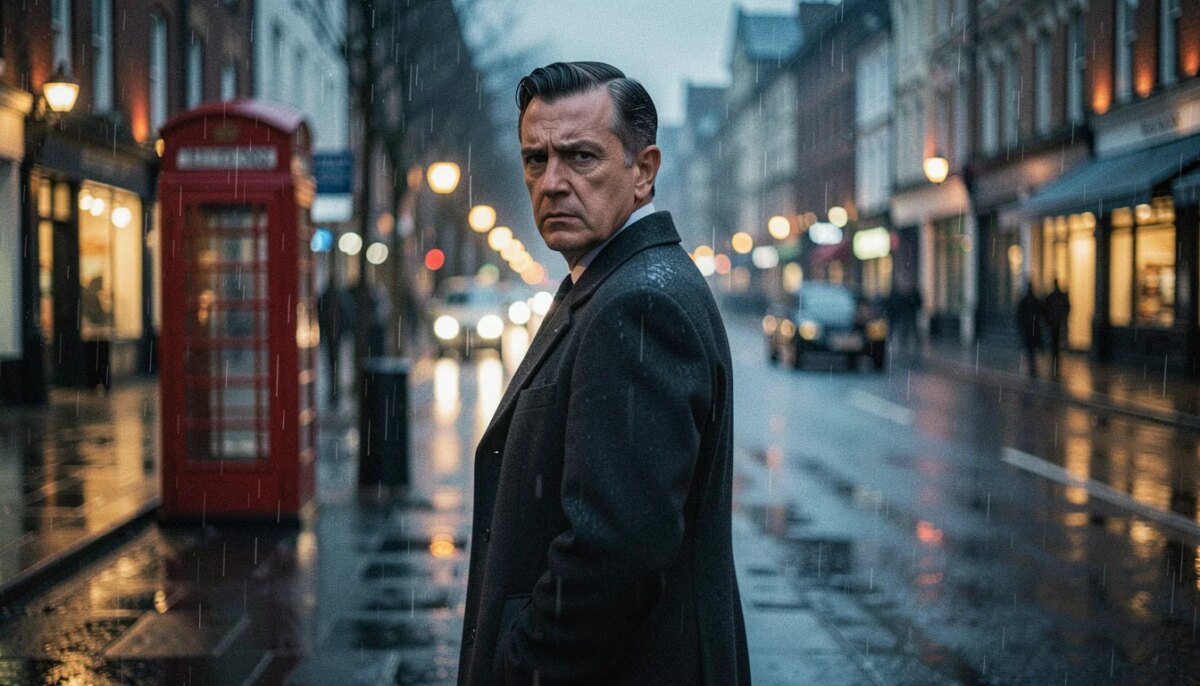 The Agency: Fassbender vive espião dividido entre dever e amor — onde assistir Homem em Londres chuvosa, expressão dividida, clima de suspense espião