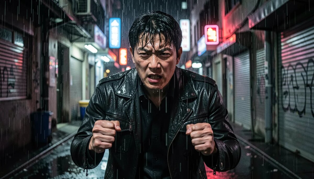 The Manipulated no Disney+: sinopse, 10 episódios, elenco e onde assistir sem spoiler Homem coreano determinado sob chuva em beco escuro, representando injustiça e vingança em thriller