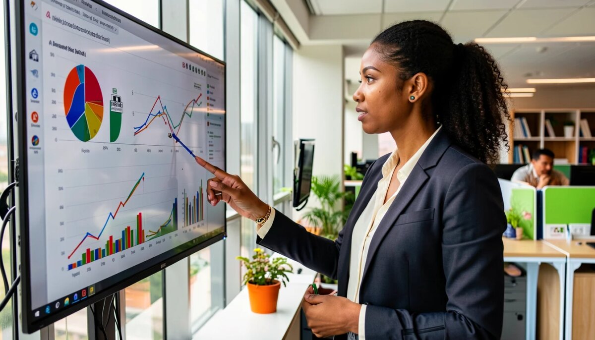 Aquisição de autoridade: como dados, distribuição editorial e automação redesenharam o trabalho de SEO Mulher analisando dados de autoridade em escritório moderno