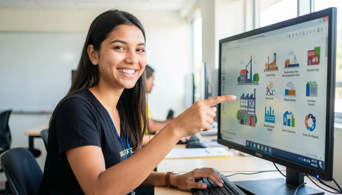 Estudante de engenharia em sala de aula interagindo com software de gestão industrial