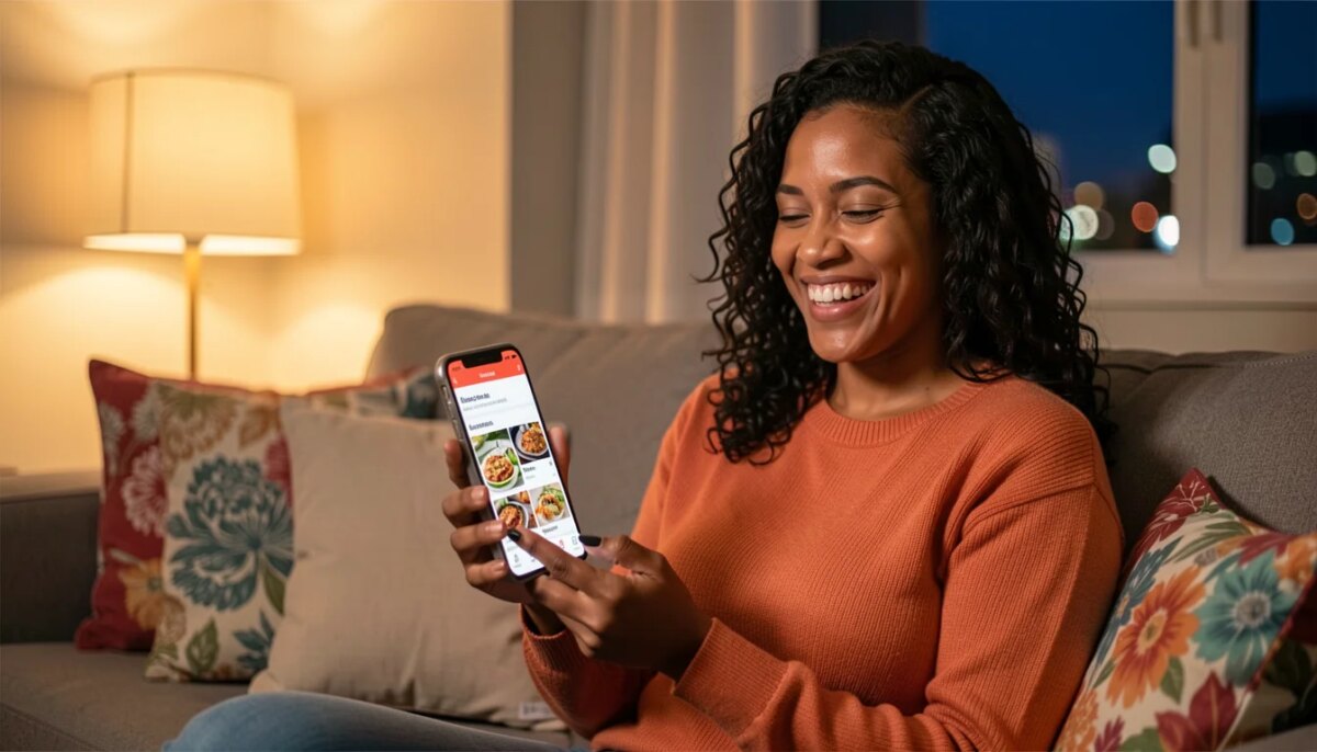 Aplicativos de Gastronomia e Delivery: Como Escolher o Ideal Mulher sorrindo no sofá usando aplicativo de delivery de comida à noite