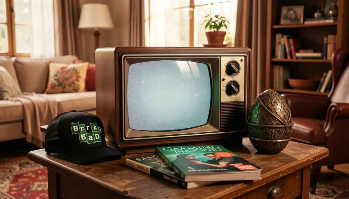 Televisão vintage em sala de estar com objetos de séries icônicas, iluminação aconchegante
