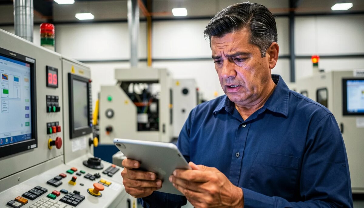 Automação industrial: critérios para escolher um integrador e comparar o custo real Gerente industrial analisando custos de automação em tablet