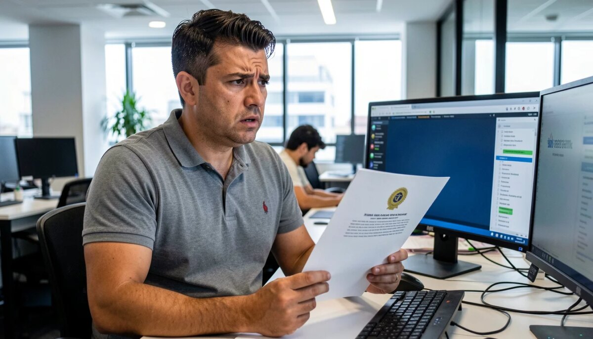 Gerente de TI preocupado verificando licenciamento e homologação de software